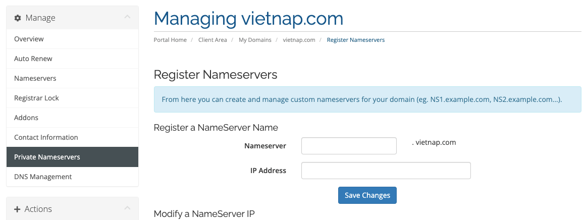 đăng ký name server riêng cho tên miền quốc tế tại VietNAP