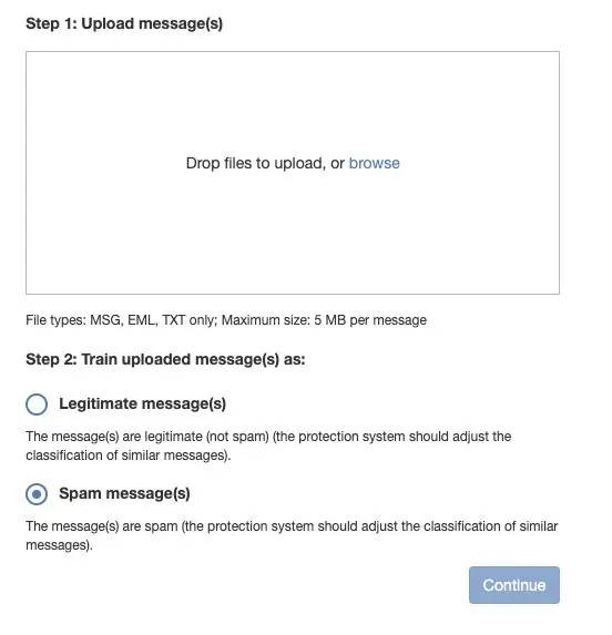 tải thư để gửi mẫu spam mới. Lưu ý chọn đúng Spam Messages